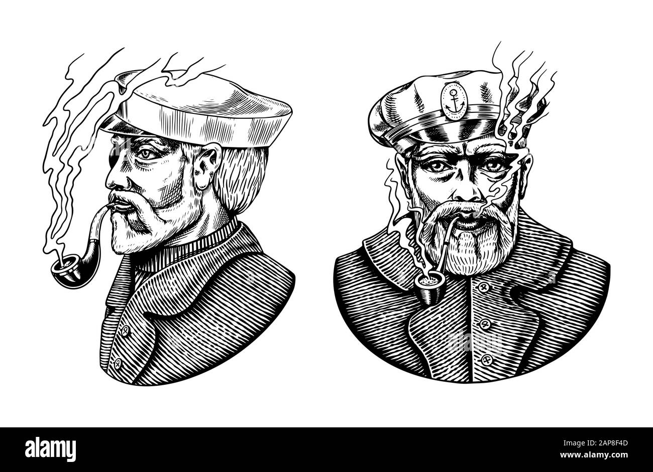Capitano di mare, marinaio vecchio marino con pipa o blueJacket, marinaio con barba o uomini marittimi. Viaggio in nave o in barca. Inciso a mano disegnato in vecchio boho Illustrazione Vettoriale