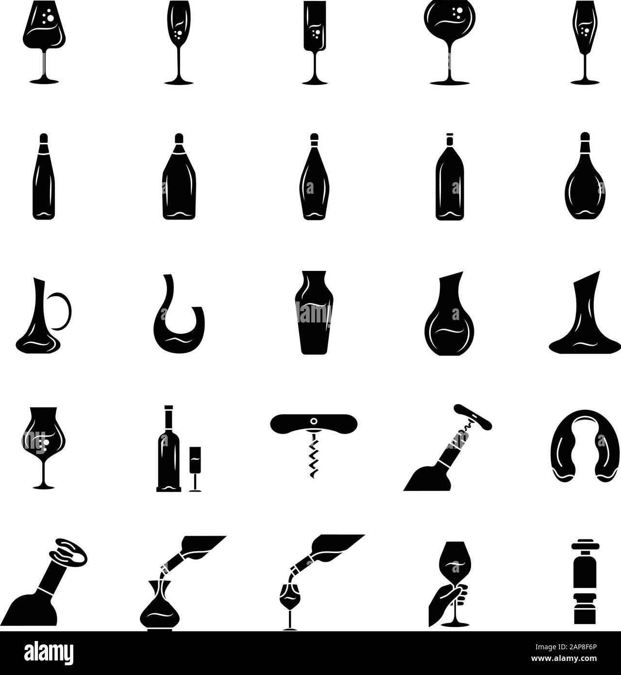 Set di icone glyph vino e vista. Diversi tipi di vetreria e bevande alcoliche. Festa, bar, decanter ristorante, bottiglie. Utensili per barman. Sil Illustrazione Vettoriale