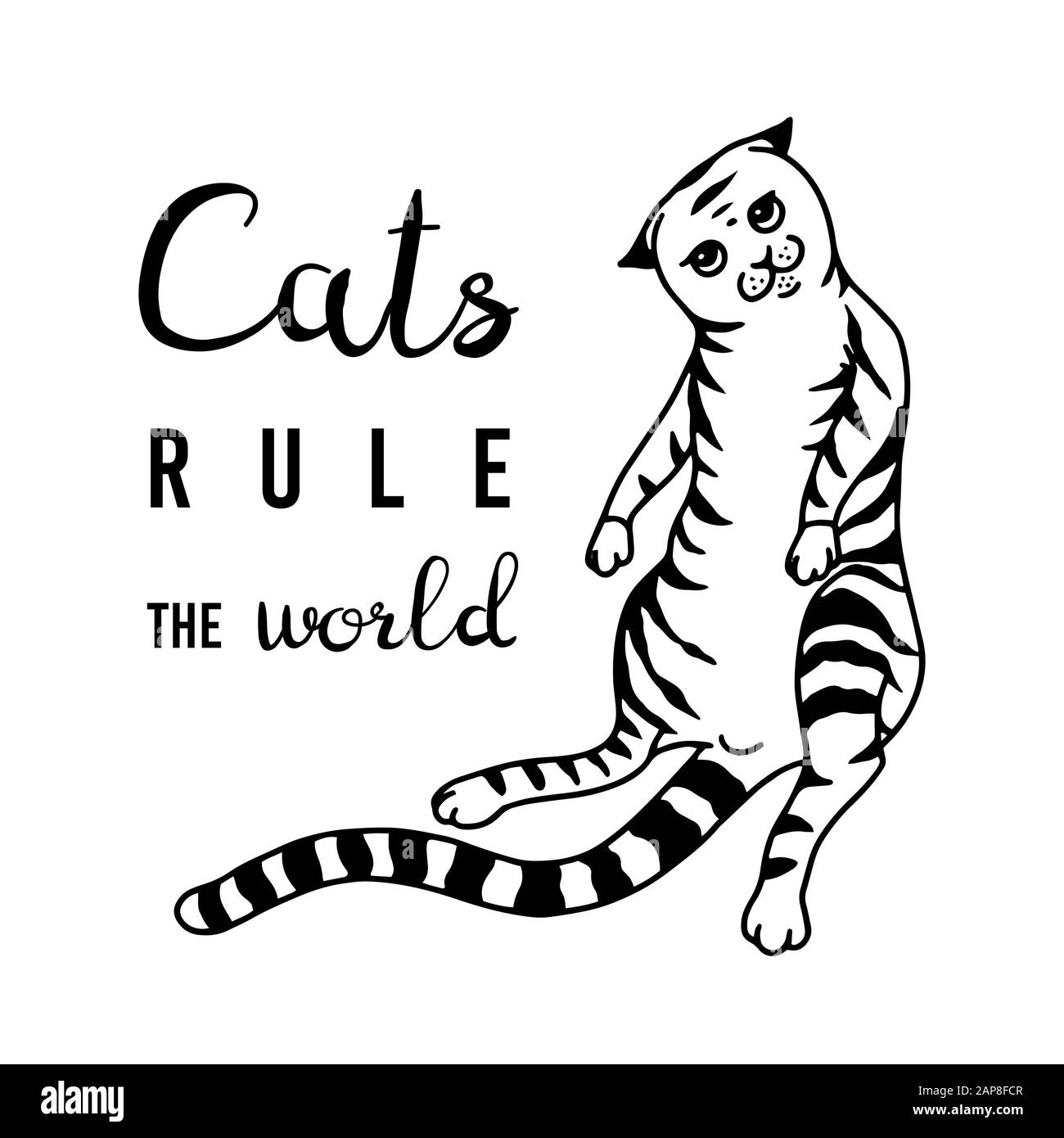 I gatti governano il potere di Meow del mondo. Gattino domestico. Citazione o frase di lettering. Disegno inciso a mano per banner o t-shirt. Vettore Monocromatico Illustrazione Vettoriale