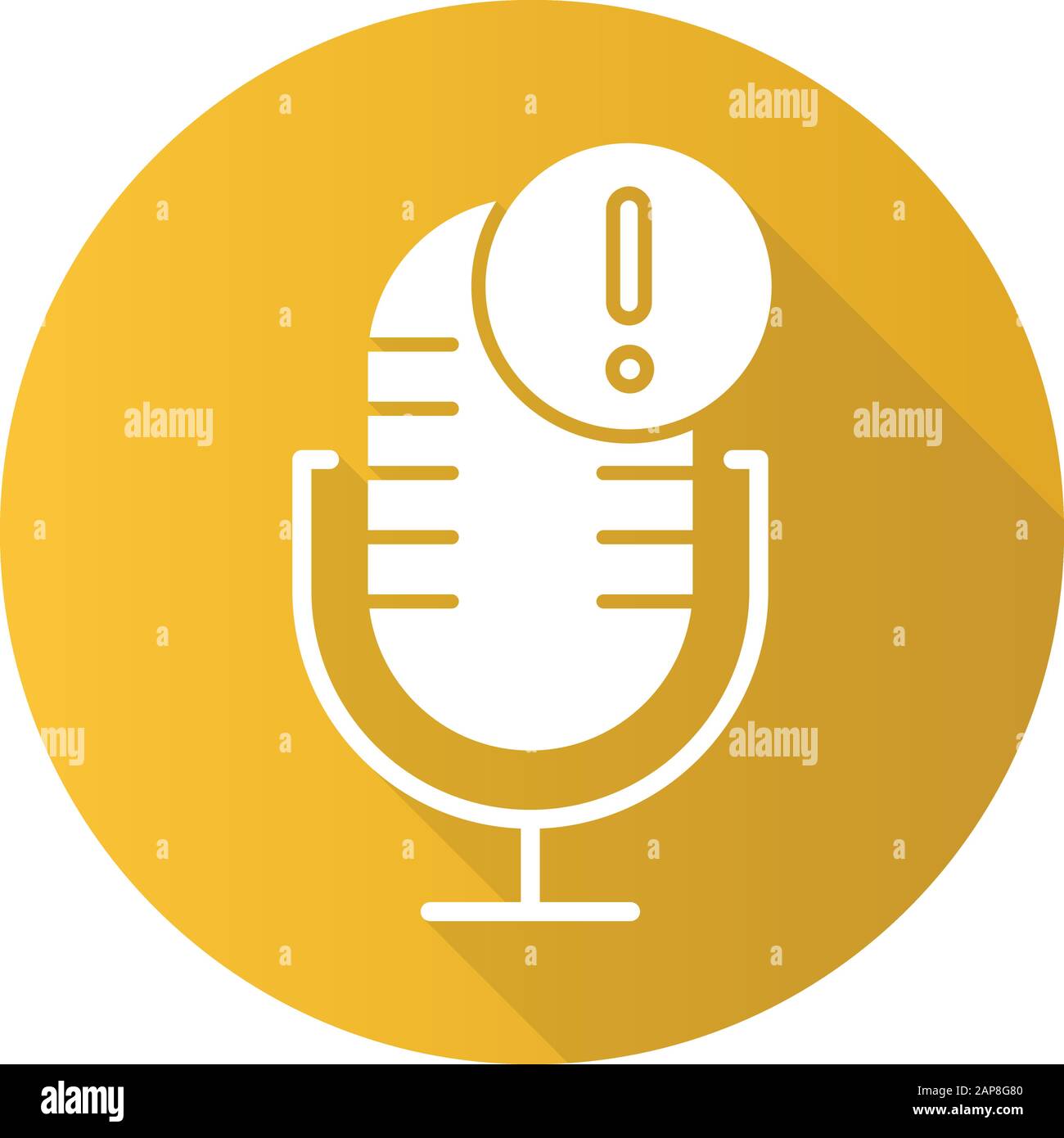 Giallo errore tecnico microfono flat design long shadow glyph icona. Idea del problema di connessione del registratore audio. Errore di comando vocale. Apparecchio di registrazione Illustrazione Vettoriale