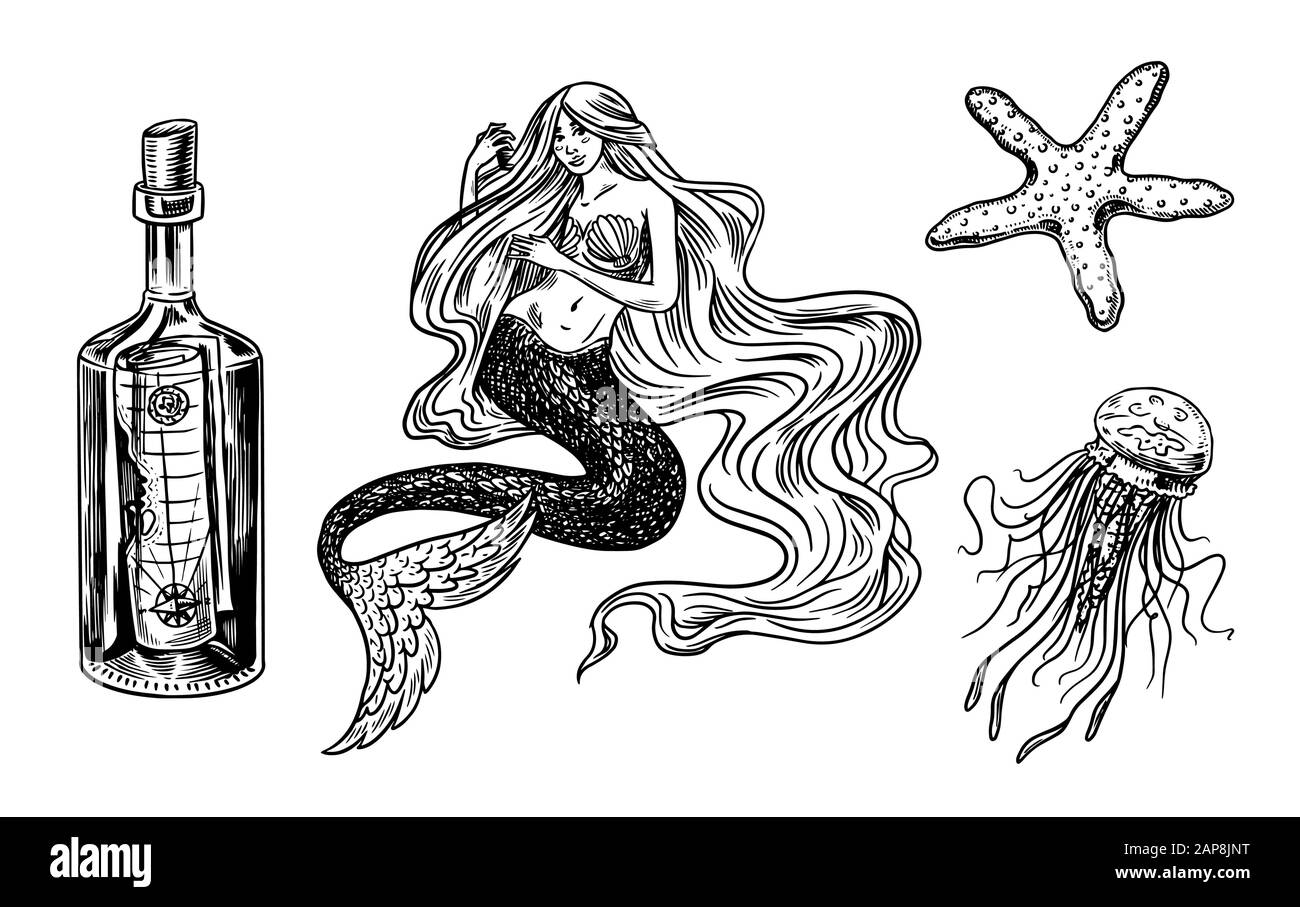 Sirena nautica e bottiglia marina, medusa e medusa, medusa e medusa. Vecchio schizzo inciso in bianco e nero retro disegnato a mano. Illustrazione Vettoriale