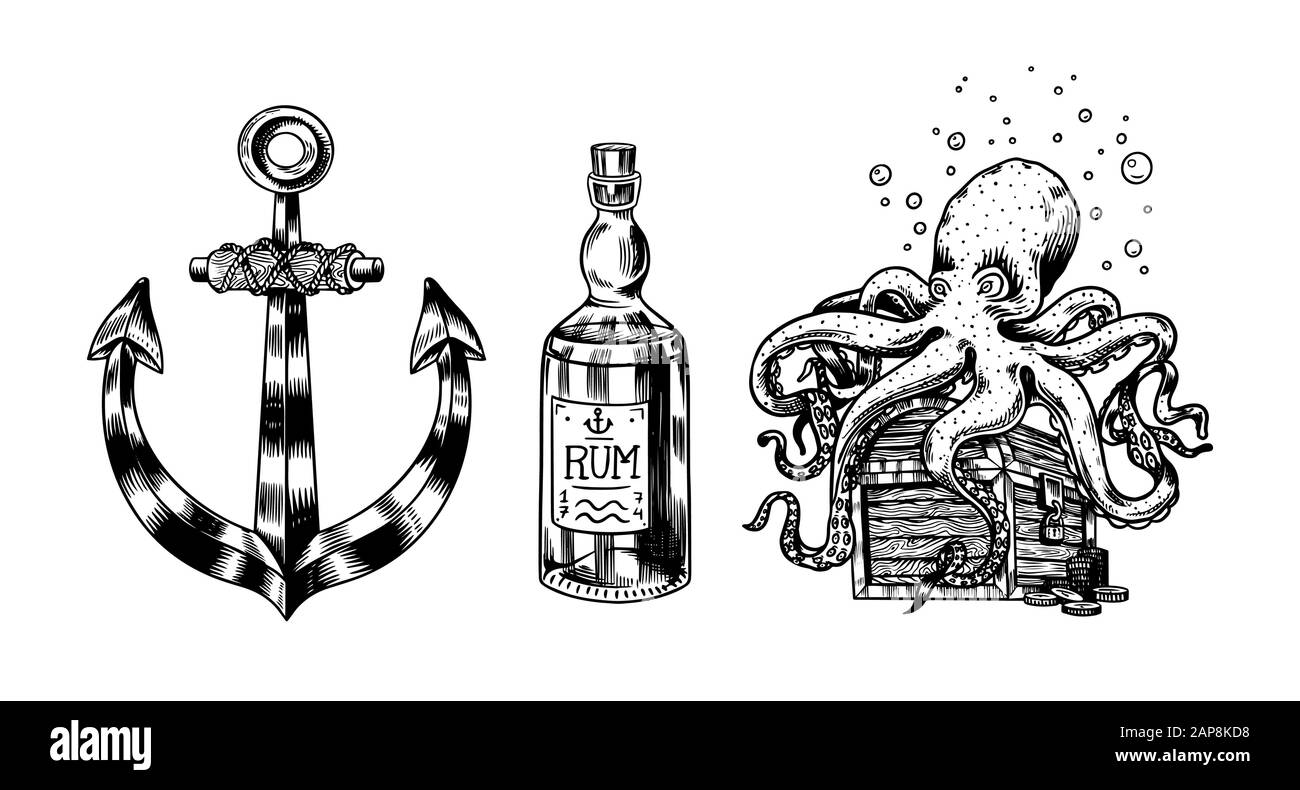 Anchor nautico e bottiglia di vetro, polpo di mare e devilfish marino, onde oceaniche. Disegno a mano bianco e nero retro inciso vecchio schizzo. Illustrazione del vettore Illustrazione Vettoriale