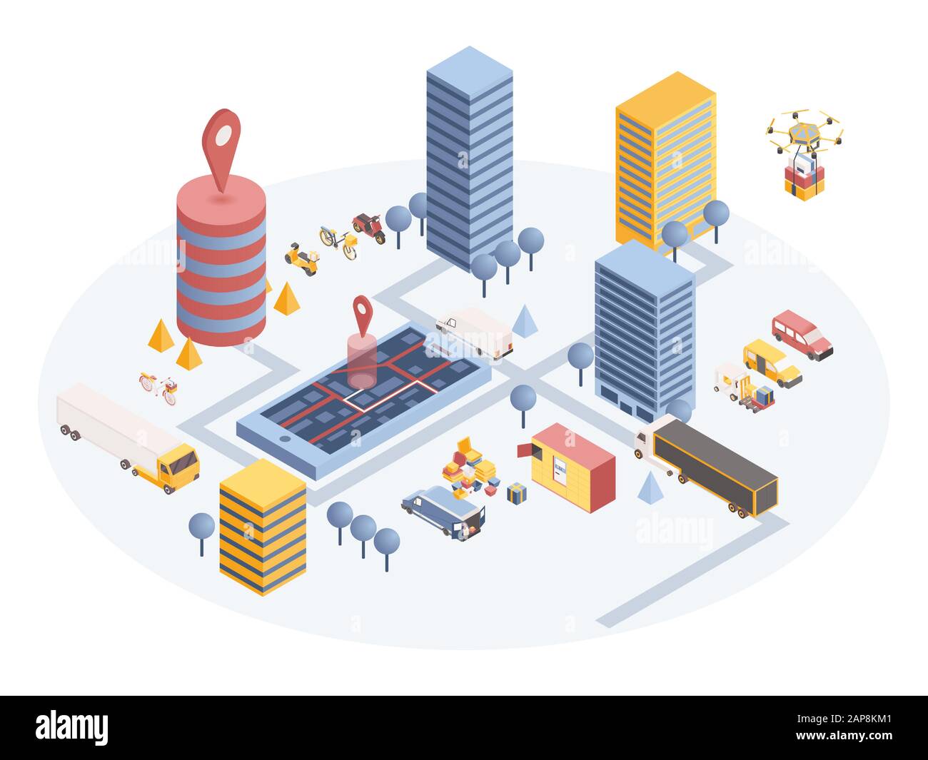 Rappresentazione isometrica del vettore di consegna merci urbane. Magazzino cartoon con scatole di cartone e furgone in zona residenziale. Applicazione mobile per il tracciamento dei pacchi con geotag sulla posizione del destinatario Illustrazione Vettoriale