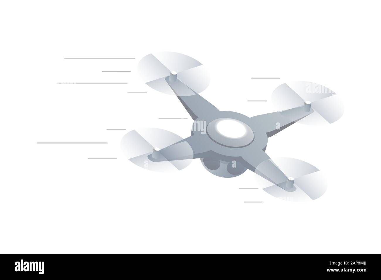 Immagine vettoriale isometrica del drone ad antenna veloce. Quadricottero controllato a distanza in movimento, moderno aereo mobile, UAV isolato su sfondo bianco. Elemento di design tecnologico contemporaneo Illustrazione Vettoriale