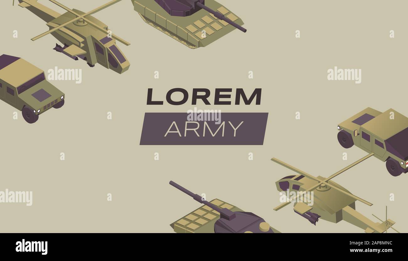 Moderno modello vettore banner piatto esercito. Progetto di poster di servizio militare con vari veicoli da combattimento. Trasporto di forze speciali, disegno isometrico di macchinari pesanti con tipografia Illustrazione Vettoriale