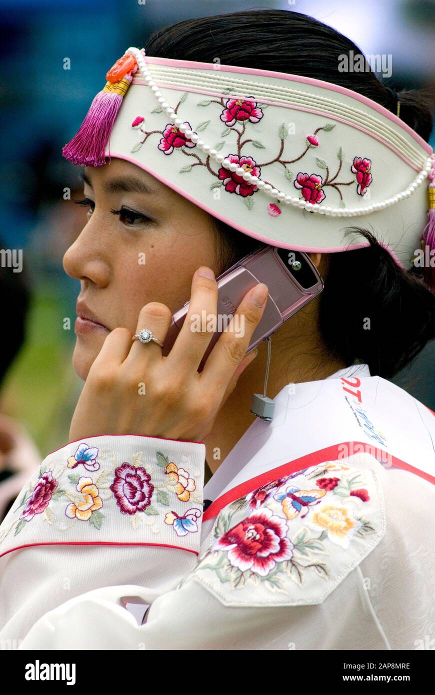 Suonatore in costume al Seoul Chili Festival, Seoul, Corea del Sud Foto Stock