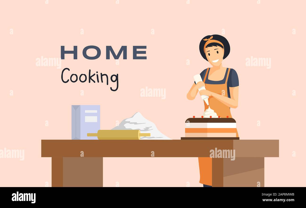 Home cottura piatto banner vettore modello. Corsi professionali di cottura, pasticceria, poster pubblicitario per panetteria. Giovane panettiere, casalinga che fa deliziosa illustrazione della torta con tipografia Illustrazione Vettoriale