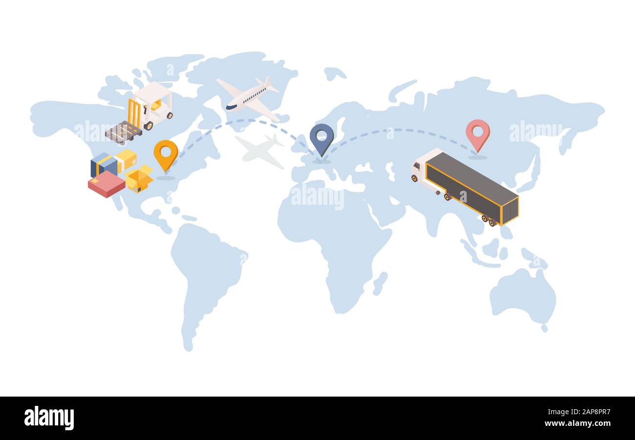 Trasporto marittimo di merci transatlantico, illustrazione isometrica. Azienda logistica internazionale con terminale di trasporto in Europa. Percorso commerciale globale, veicoli da carico e servizio di spedizione aerea Illustrazione Vettoriale