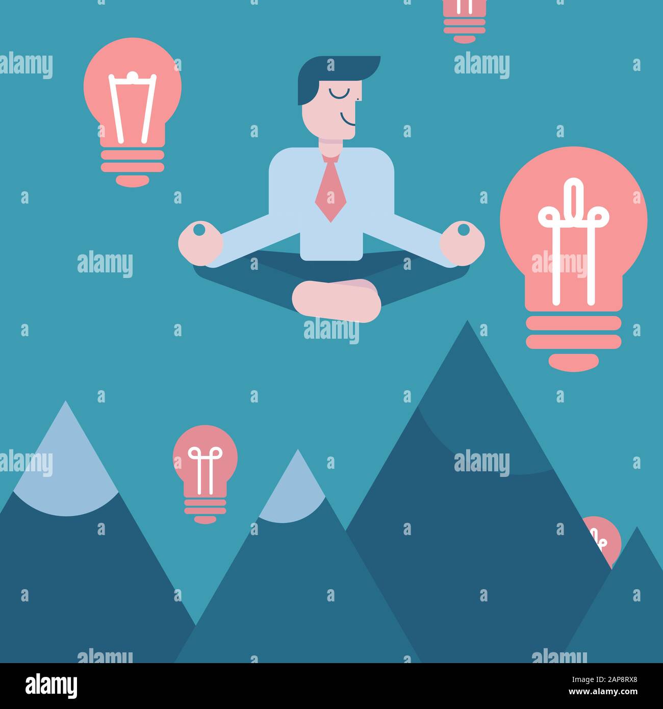 Meditando l'uomo d'affari con idea, illustrazione vettoriale. Personaggio cartone animato uomo sullo sfondo del cielo sopra le montagne. Attento, calmo, sorridente visionario, b Illustrazione Vettoriale