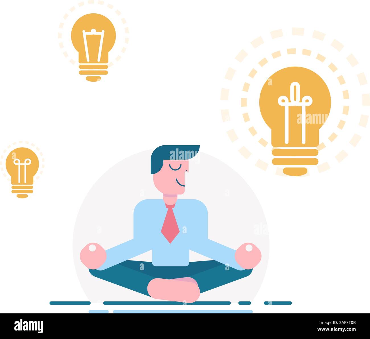Meditando l'uomo d'affari con idea, illustrazione vettoriale. Personaggio cartone animato uomo su sfondo bianco. Consapevole, calma, sorridente visionario, idea di business. Lig Illustrazione Vettoriale
