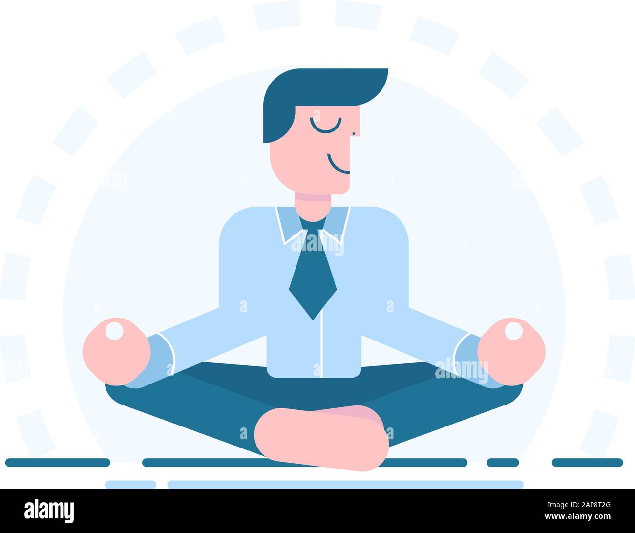 Ufficio meditazione. Uomo d'affari seduto in posa yoga lotus, rilassarsi. Carattere piatto del cartone animato vettoriale su sfondo bianco. Illustrazione Vettoriale