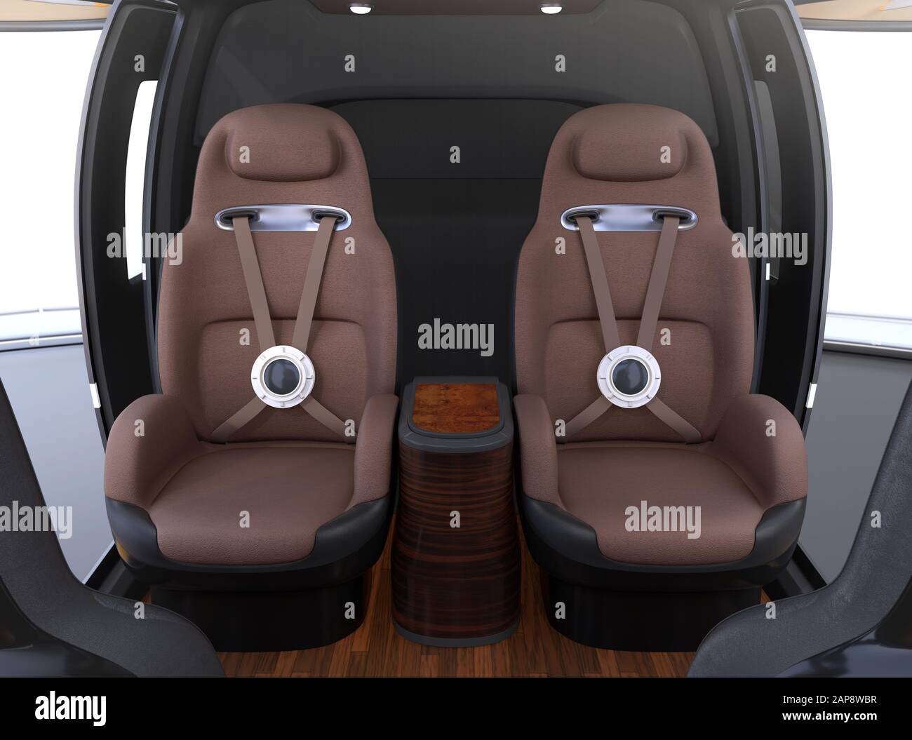 Interni di lusso di auto volante (taxi aereo) con comodi sedili in pelle. Immagine di rendering 3D. Foto Stock