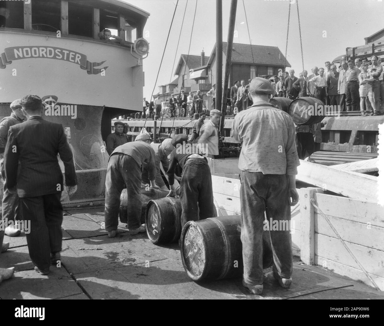 Atterraggi primo nuovo aringa IJmuiden, nave 236 Northste skipper Kees de Graaf, scarico barili Data: 26 maggio 1954 luogo: IJmuiden Parole Chiave: Landvoer, Herring, LISEN, VATES, vascelli, skipper Nome personale: Kees de Graaf Nome istituzione: Noordster Foto Stock
