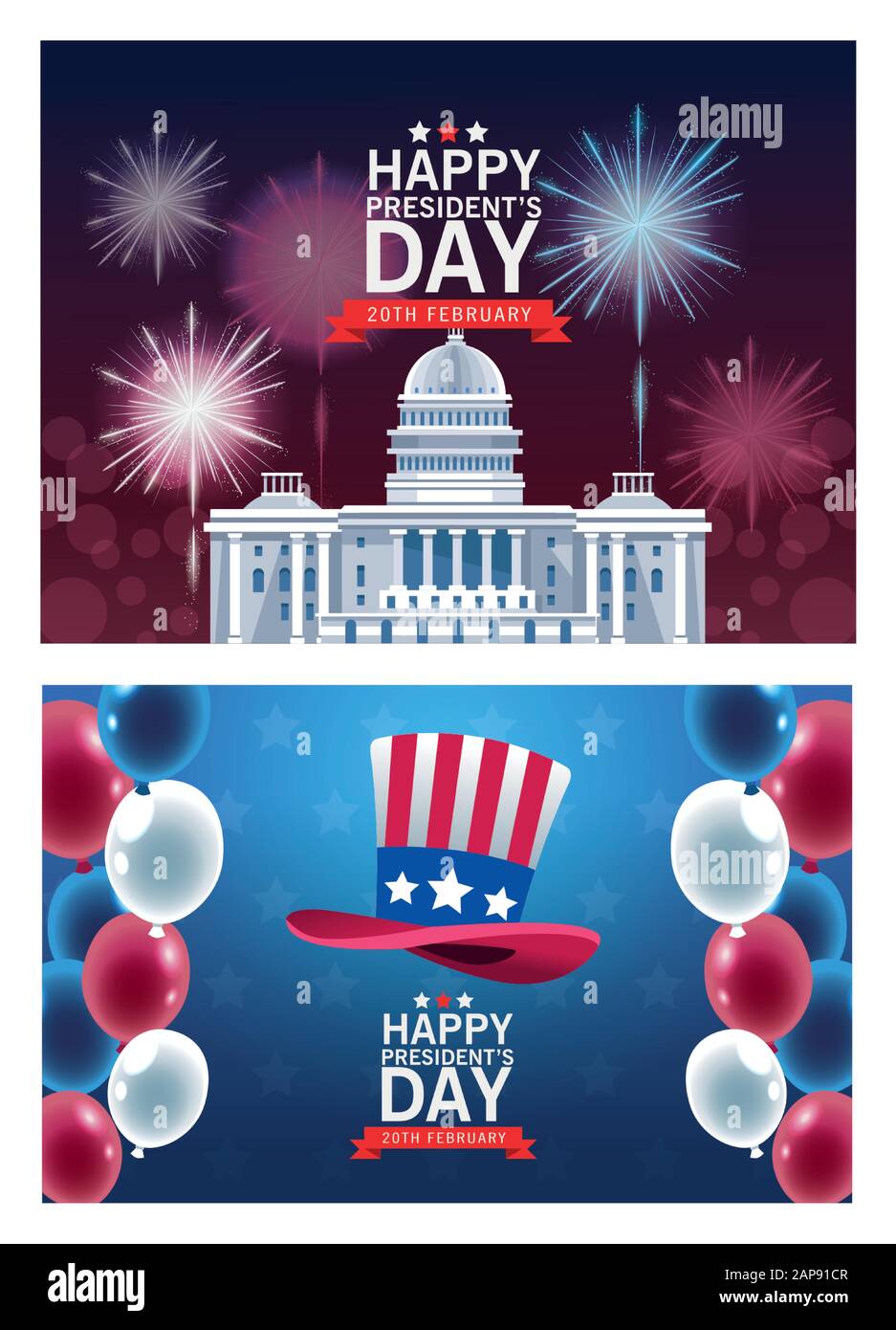 poster happy presidenti di giorno con scene set Illustrazione Vettoriale