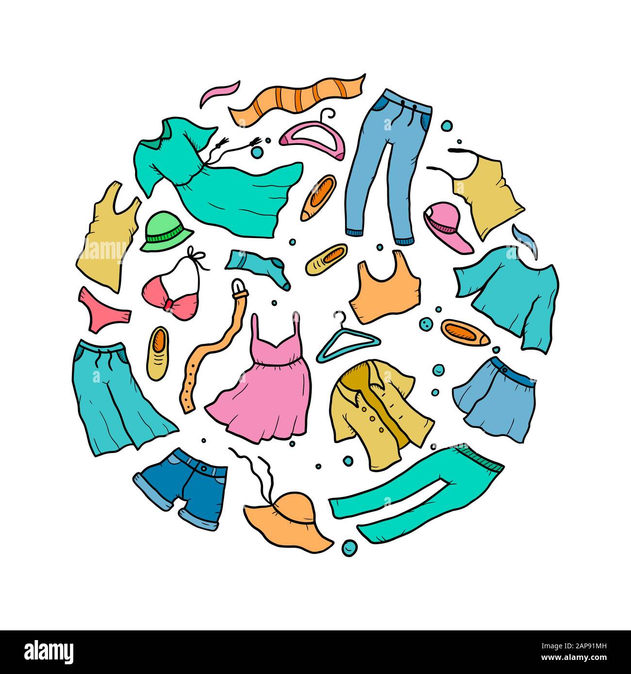 Set disegnato a mano di abiti estivi e accessori da donna, gonna, pantaloncini, pantaloni, jeans, abito, giacca. Disegno dello stile di schizzo barboncino. Illustrazione del vettore. Illustrazione Vettoriale