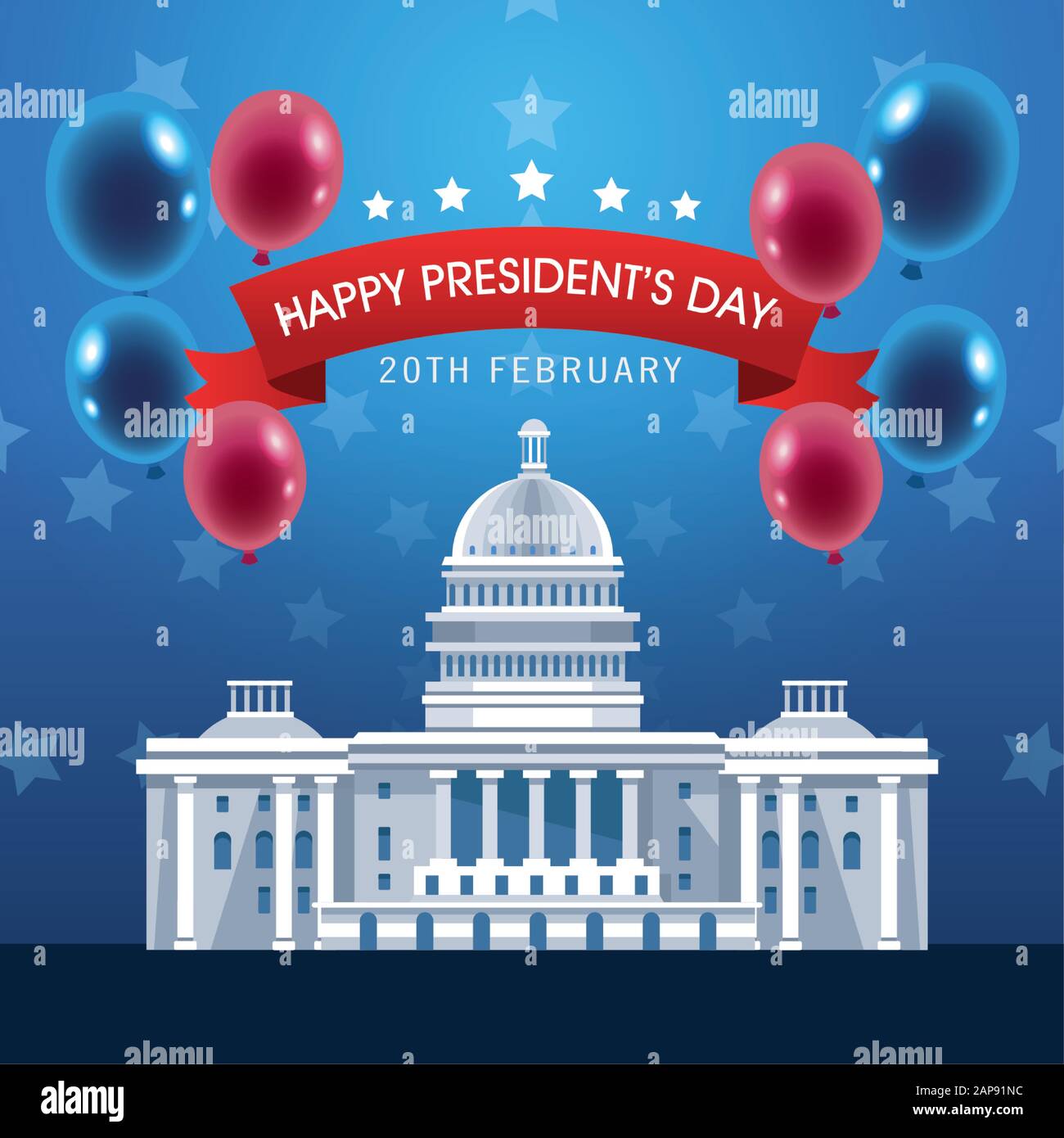 poster del giorno dei presidenti con campidoglio degli stati uniti e palloncini di elio Illustrazione Vettoriale