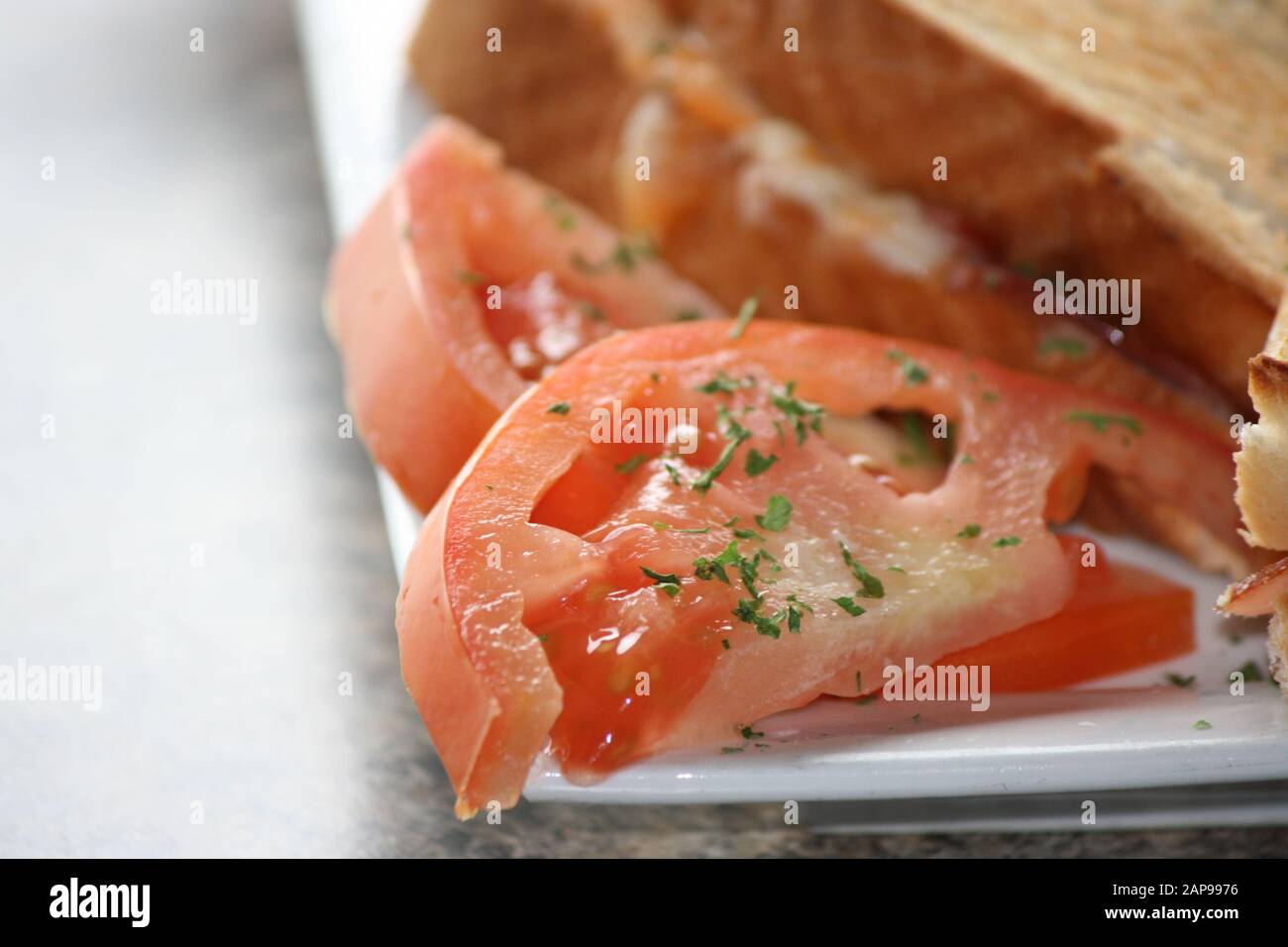 panino di formaggio alla griglia con pancetta e pomodoro tostato per colazione, pranzo o cena in un ristorante delizioso per uno spuntino o un pasto Foto Stock