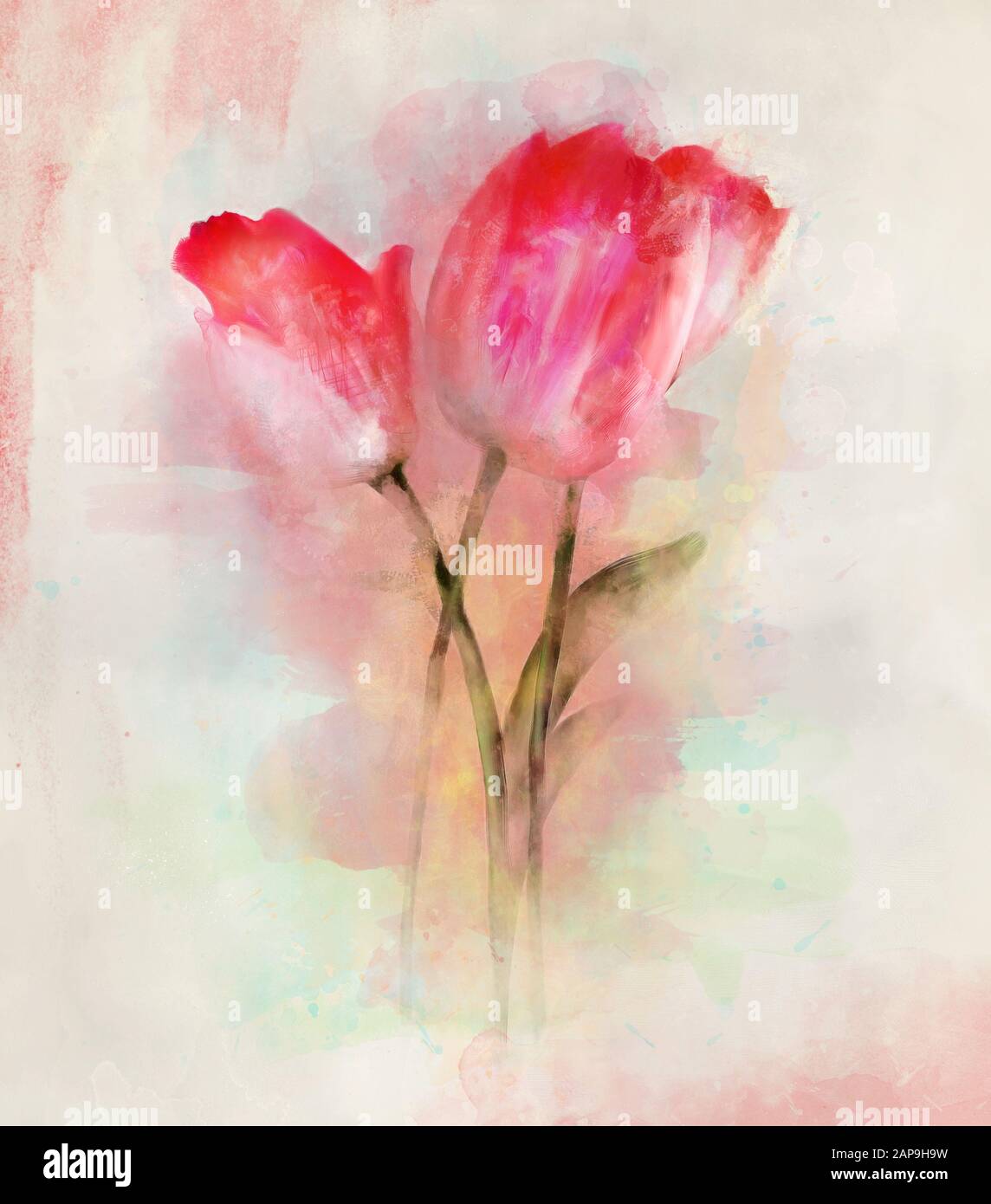 Collezione di fiori primaverili ed estivi – bouquet di tulipani acquerello digitale su sfondo vintage Foto Stock