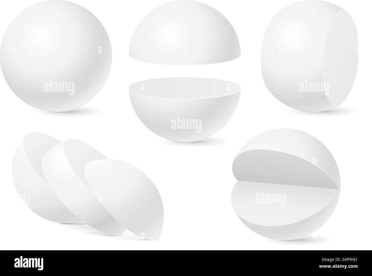Serie di sfere. Intero e tagliato in pezzi. Modelli bianchi Illustrazione Vettoriale