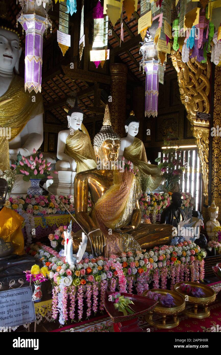 Chiang mai buddista stautes nel tempio interno Thailandia Foto Stock