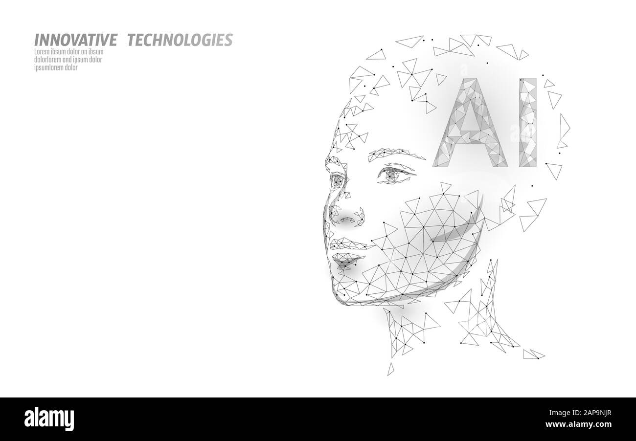 I robot di intelligenza artificiale supportano 3D. Tecnologia del servizio di riconoscimento vocale Virtual Assistant. Chatbot bella faccia femmina basso vettore Poly Illustrazione Vettoriale