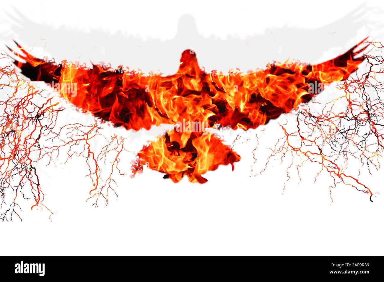 Uccello volante in fuoco e silhouette fiamma di aquila o colomba con luce e ombra su sfondo bianco isolato. Non rinunciare mai e sopravvivere simbolo. G Foto Stock