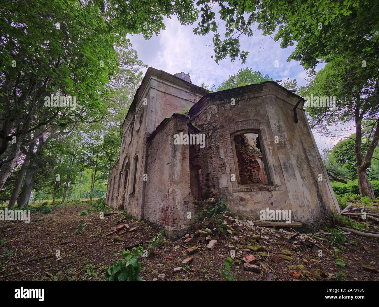 Vecchio abbandonato la Chiesa di San Nicola ruderi in Estonia. Il lussureggiante fogliame degli alberi e foreste che coprono la bellezza di questo antico edificio rovinato. Foto Stock