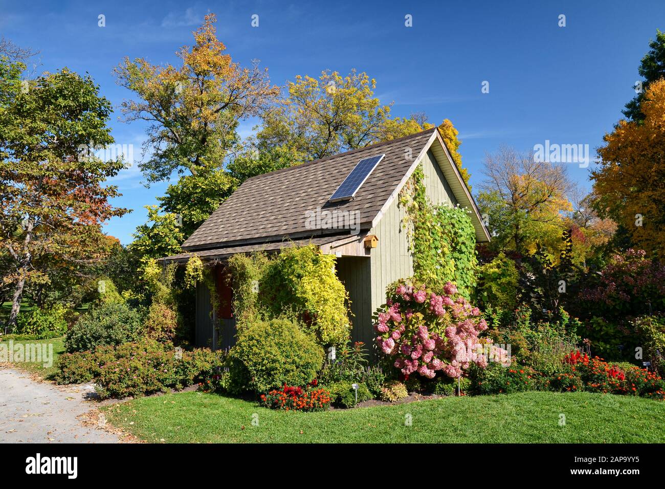 Grazioso cottage fiorito coperto di vegetazione lussureggiante e solare-alimentato da pannelli sul suo tetto, un modello di sviluppo sostenibile Foto Stock
