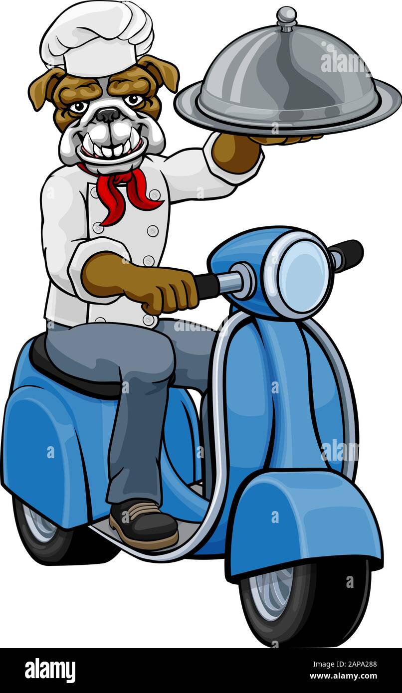 Bulldog Chef Scooter Consegna Mascotte Illustrazione Vettoriale