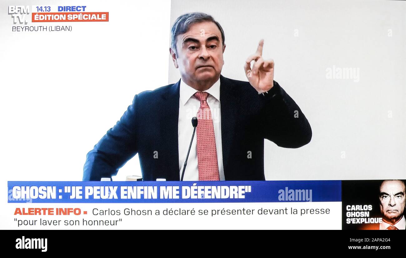 CARLOS GHOSN, CAPO DI NISSAN EX, DÀ UNA CONFERENZA STAMPA A BEIRUT, LIBANO Foto Stock