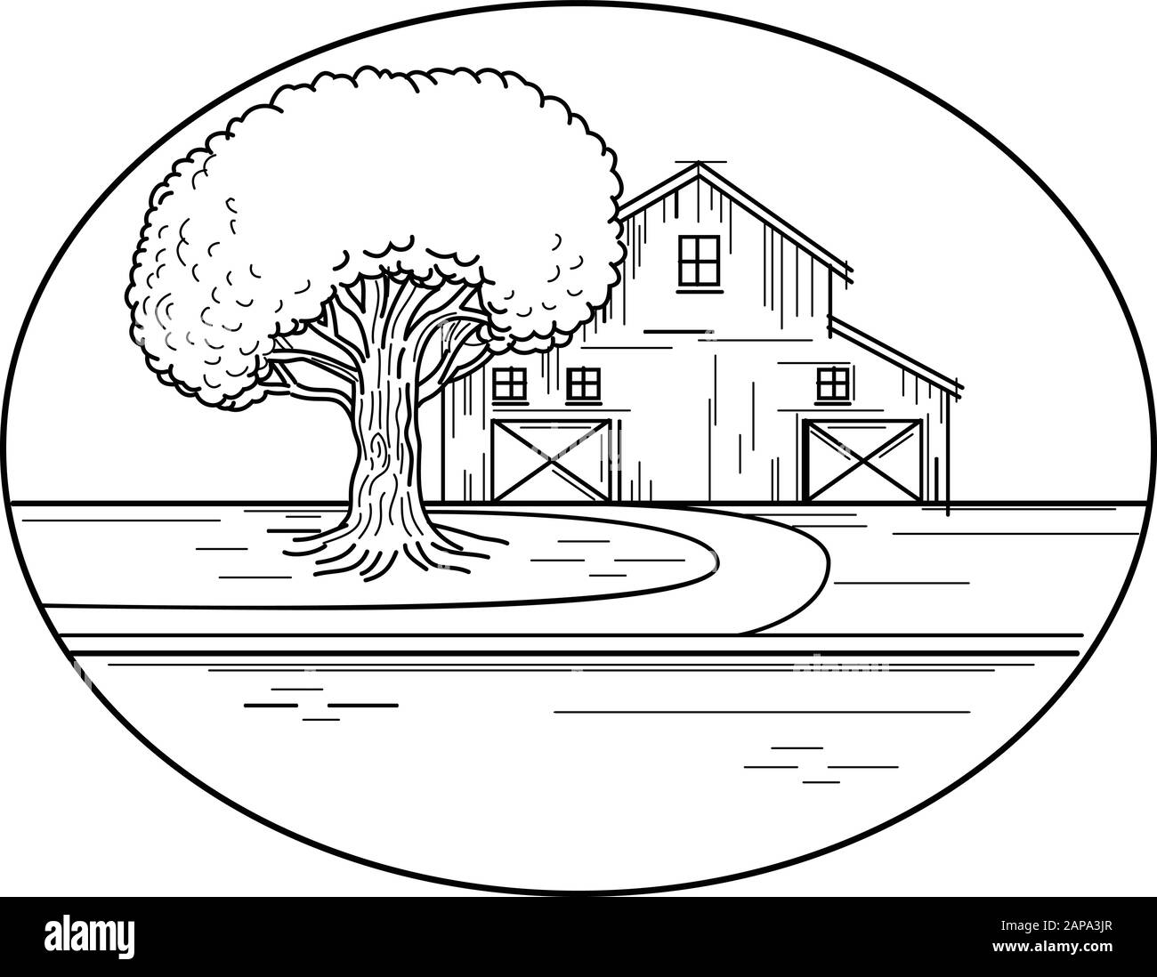 Monoo line illustrazione di una fattoria americana o fienile con quercia sul lato e strada che conduce fino ad esso set all'interno ovale forma fatta in monolina Illustrazione Vettoriale