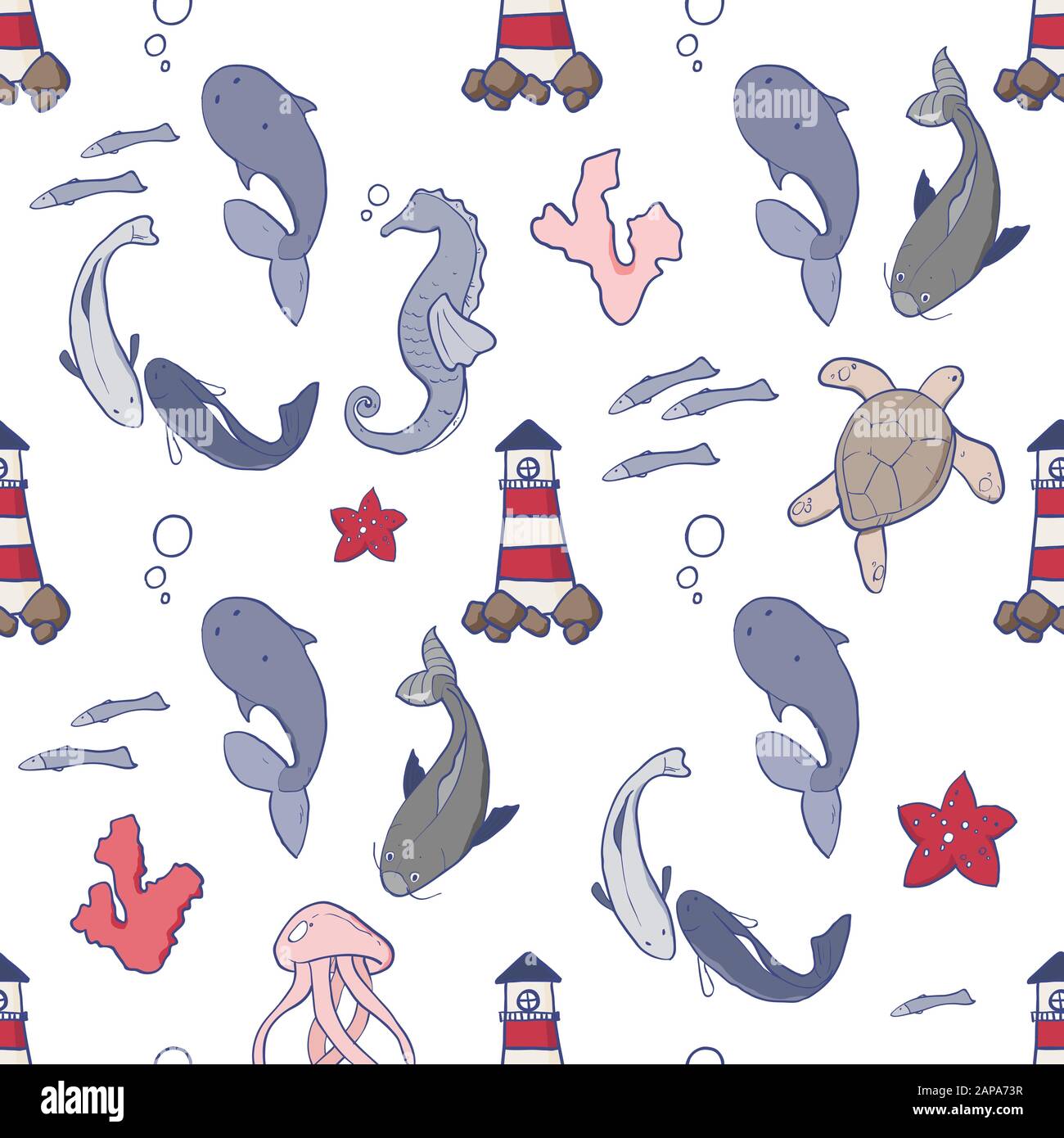 Illustrazione vettoriale degli animali marini e di altri. Bella tavolozza di colori del mare Illustrazione Vettoriale