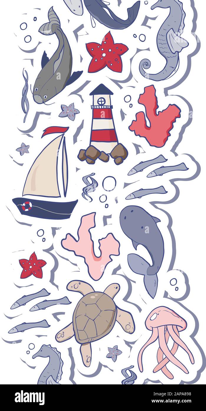 Illustrazione vettoriale degli animali marini e di altri. Bella tavolozza di colori del mare Illustrazione Vettoriale