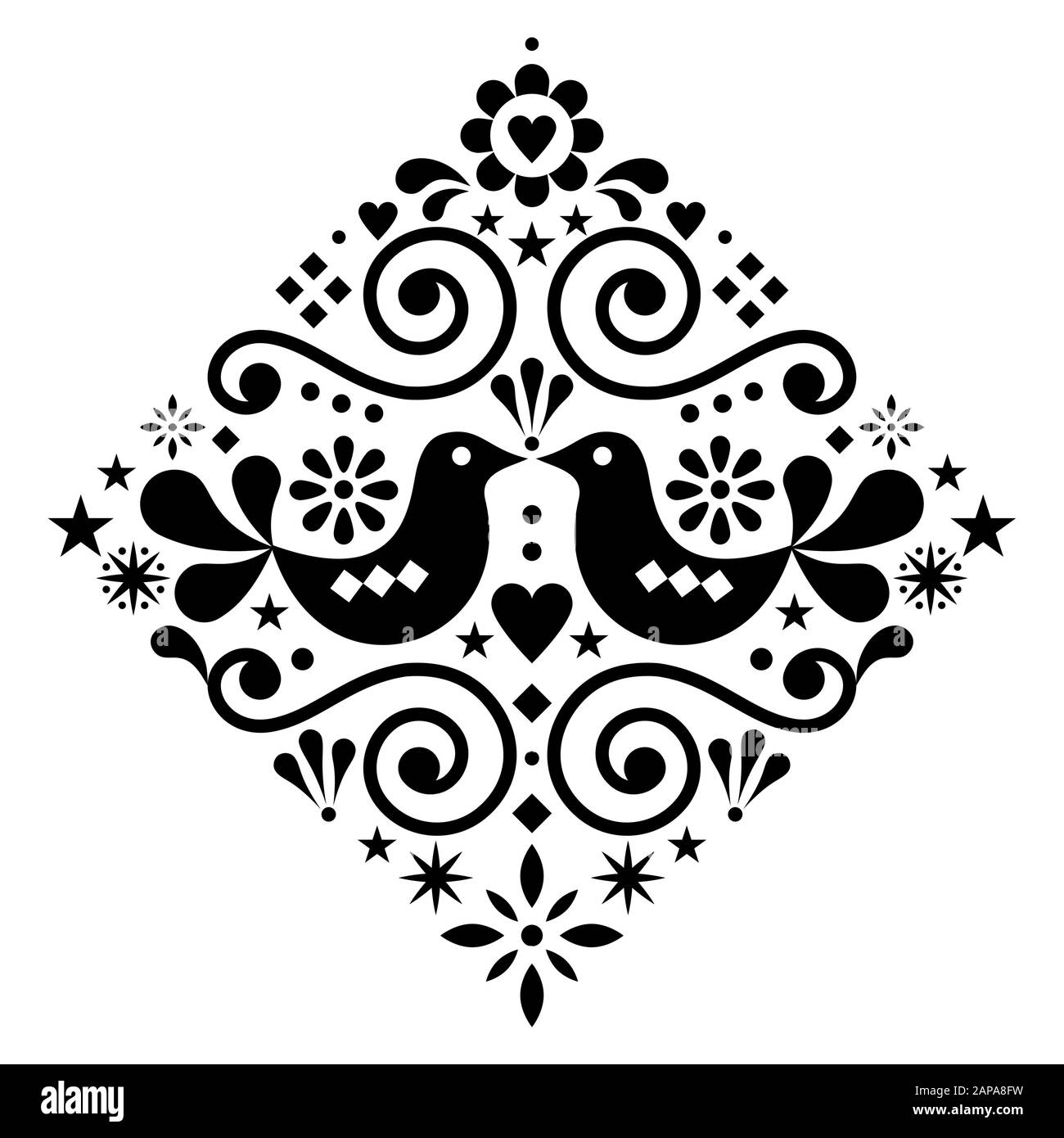 Scandinavian floreale arte popolare vettoriale design quadrato o diamon forma, cute nordic pattern con uccelli in nero su sfondo bianco Illustrazione Vettoriale