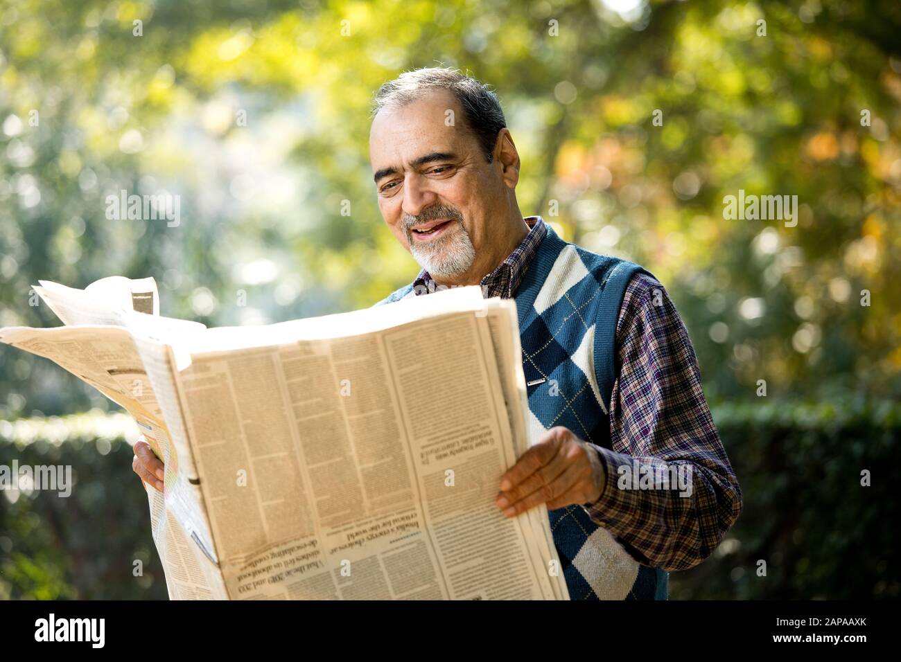 Quotidiano Senior MAN Reading nel parco Foto Stock