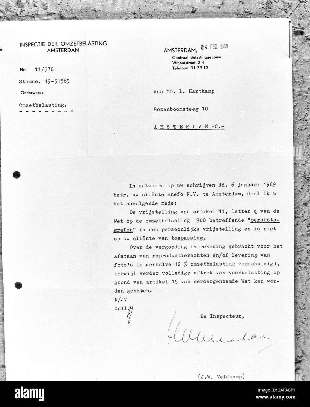 Lettera dell'Ispettorato fiscale sulle vendite di B.T.W. Data: 14 marzo 1969 Parole Chiave: Lettere, ispezioni Foto Stock