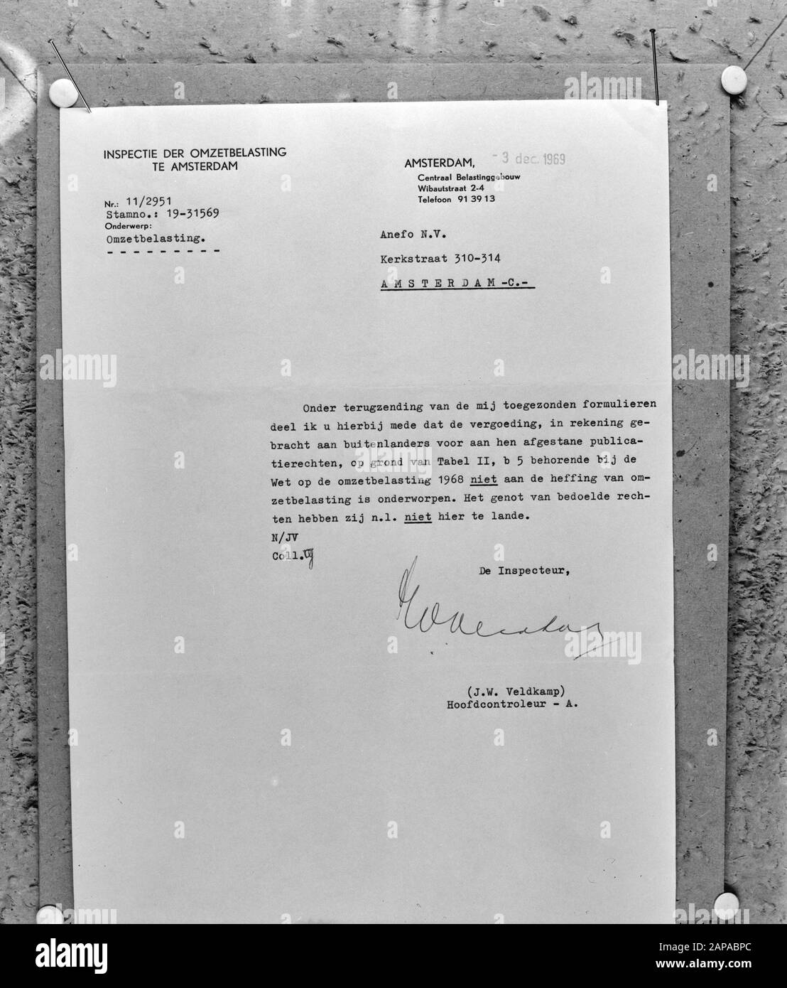 Lettera Dell'Ispettorato Del Fatturato Fiscale Data: 19 Dicembre 1969 Parole Chiave: Lettere Foto Stock