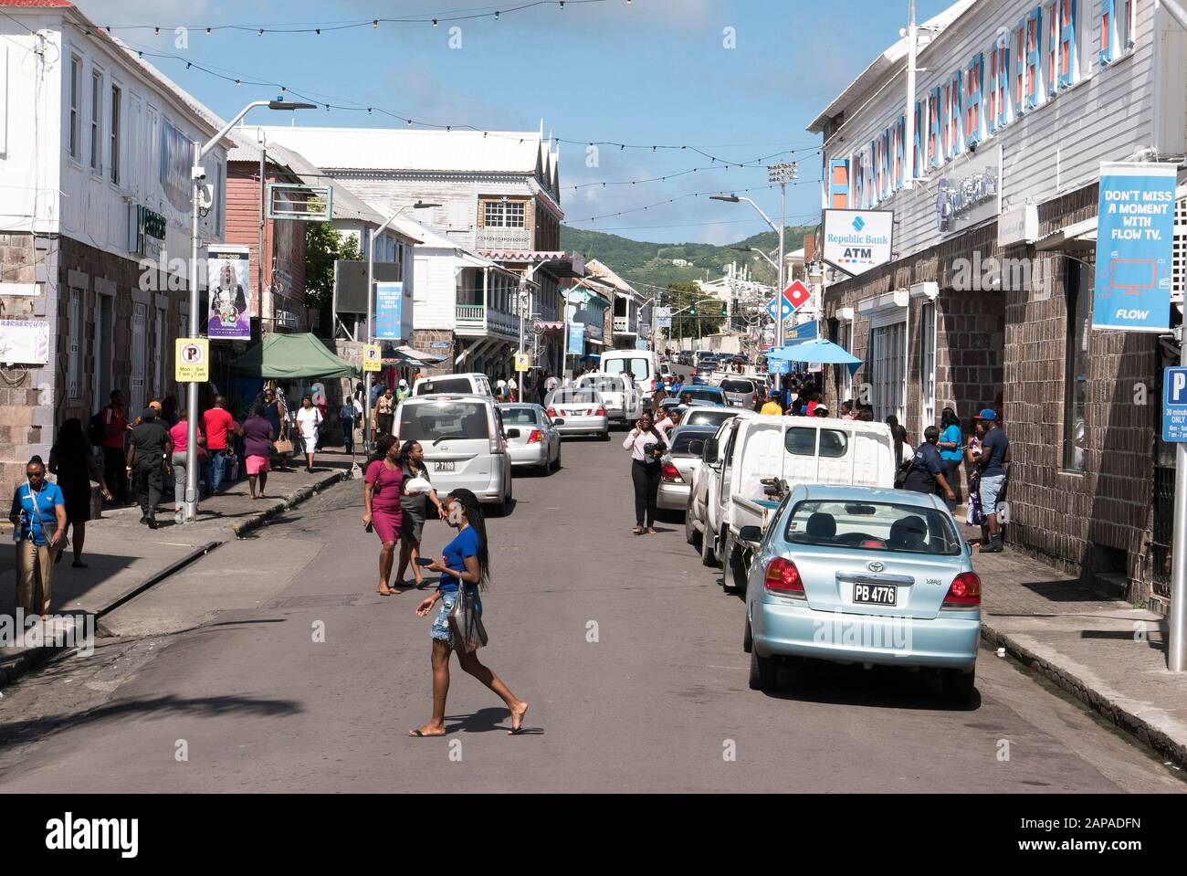 La principale area dello shopping di St.Kitts nei Caraibi Foto Stock