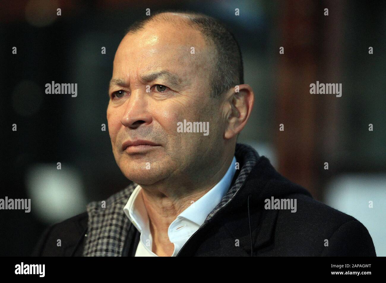 Londra, Regno Unito. 22nd Gen 2020. L'allenatore della testa inglese Eddie Jones guarda avanti durante il giorno del lancio del campionato Guinness Six Nations.Guinness Six Nations Championship 2020 lancio del torneo presso Tobacco Dock a Tobacco Quay, Londra mercoledì 22nd gennaio 2020. Questa immagine può essere utilizzata solo per scopi editoriali. Solo uso editoriale, foto di Steffan Bowen/ credito: Andrew Orchard sport fotografia / Alamy Live News Foto Stock