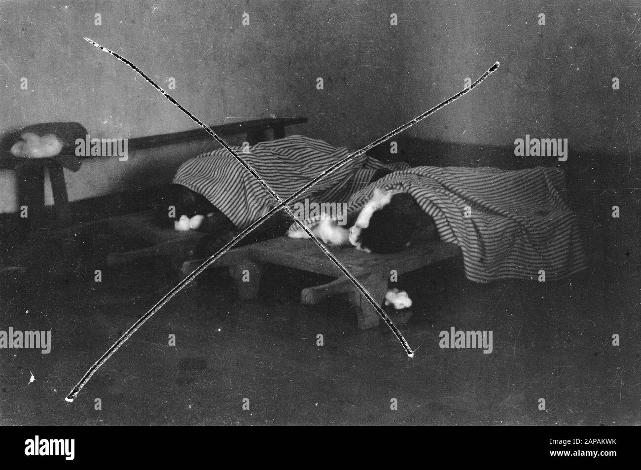 Advance to Blitar Descrizione: Occupazione di Blitar: Dopo Kepadjen e Wlingi, le truppe olandesi si trasferirono a Blitar. Due corpi? su cuscinetti ricoperti di fogli, mettere sopra e intorno alla fascia della testa e lana di cotone. Annotazione: DJK. Croce negativa. Soggetto probabilmente due soldati uccisi da 3-2 Hussars van Boreel (vedi fotonr. 5335) Data: 22 Dicembre 1948 Luogo: Indonesia, Indie Orientali Olandesi Foto Stock