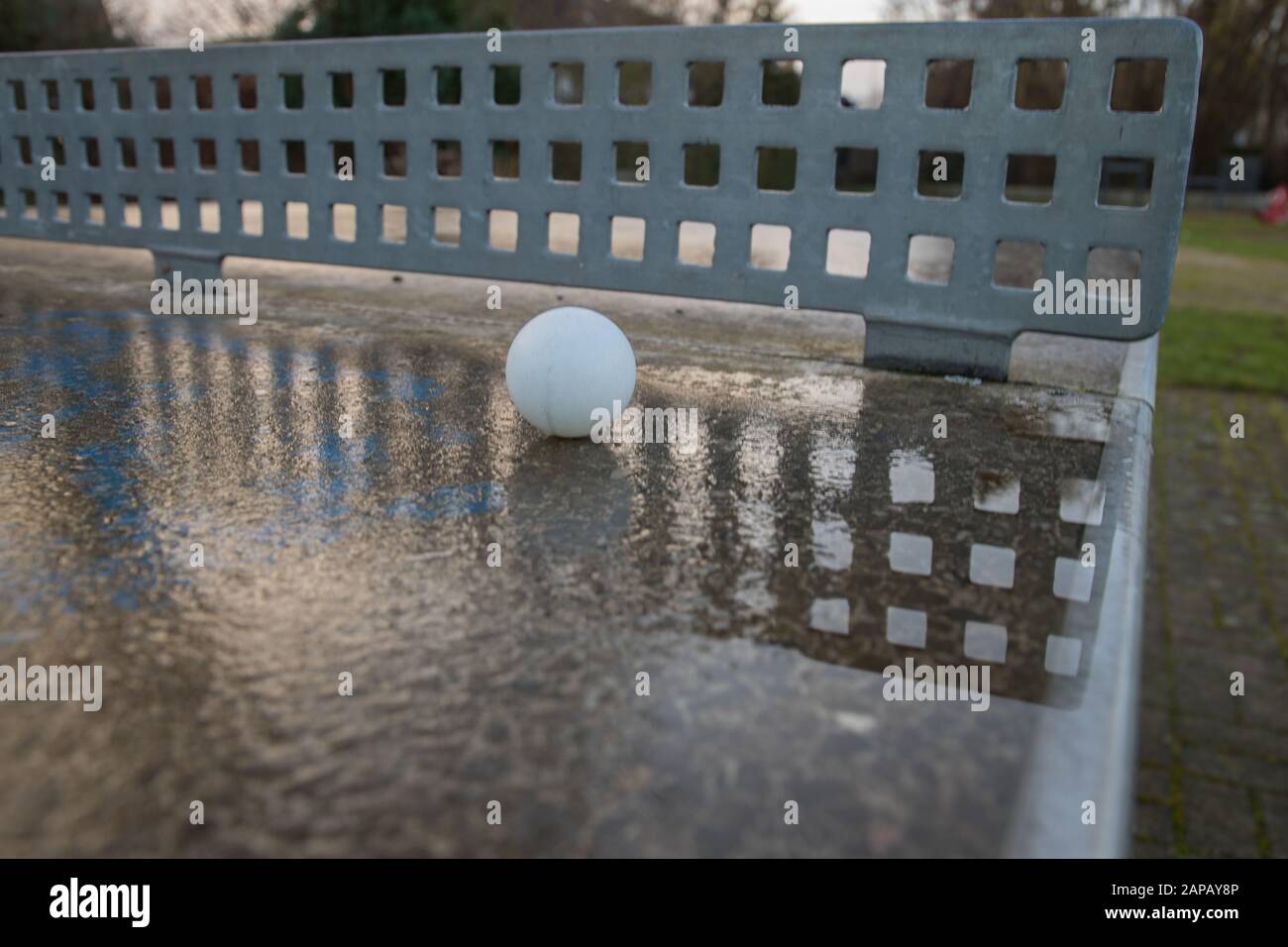 palla da ping-pong di fronte alla rete metallica che si riflette in acqua Foto Stock