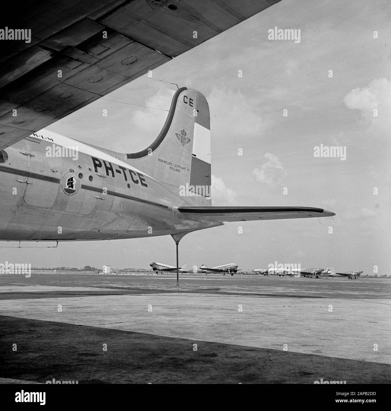 Stile aziendale ed emblemi KLM Descrizione: The Douglas DC-4 Edam con l'identità aziendale KLM e presenta il logo Flying Dutchman al centro della parte posteriore dello scafo e della coda nel tricolore olandese all'aeroporto Schiphol Data: Agosto 1951 Località: Noord-Holland, Schiphol Parole Chiave: Emblemi, loghi, aerei Foto Stock