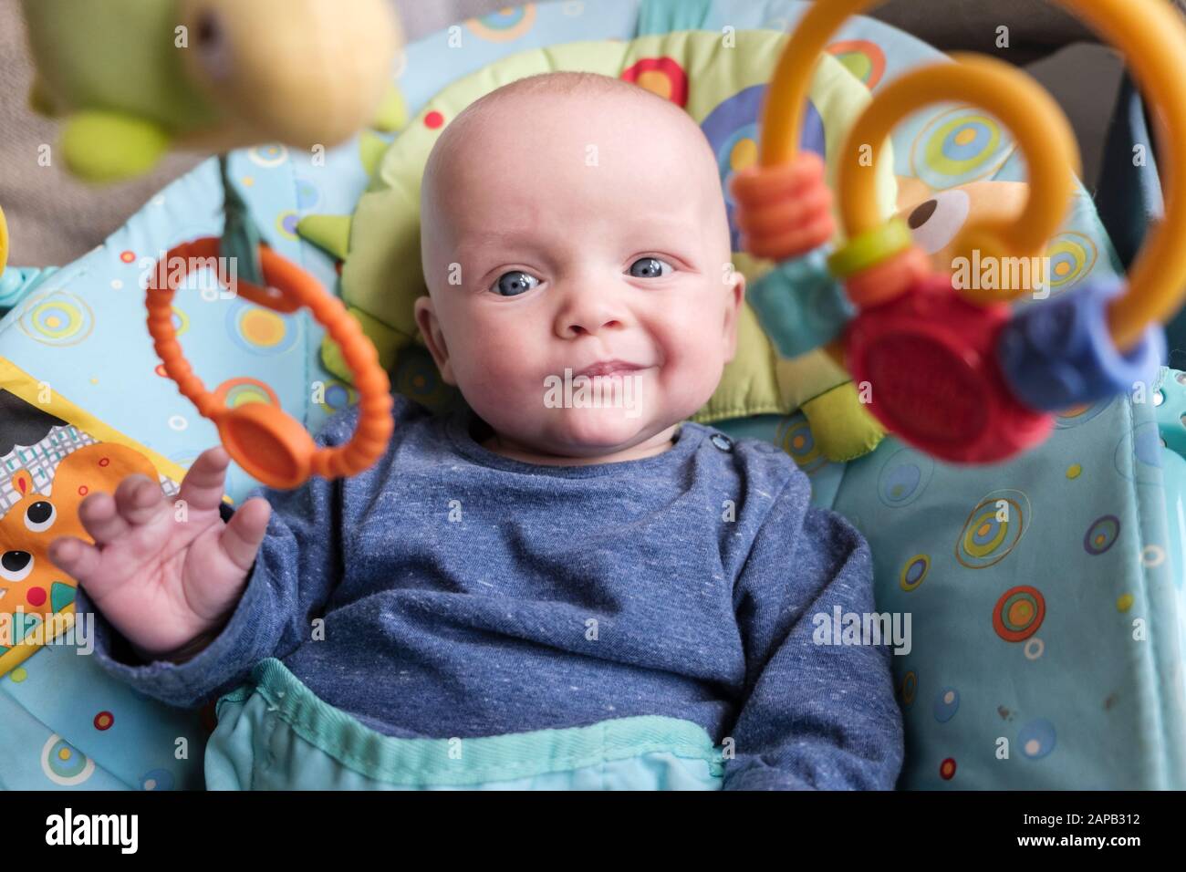 Autentico stile di vita quotidiano di un bambino di cinque mesi con un'espressione stravagante in una sedia per attività che guarda i giocattoli appesi Regno Unito Foto Stock