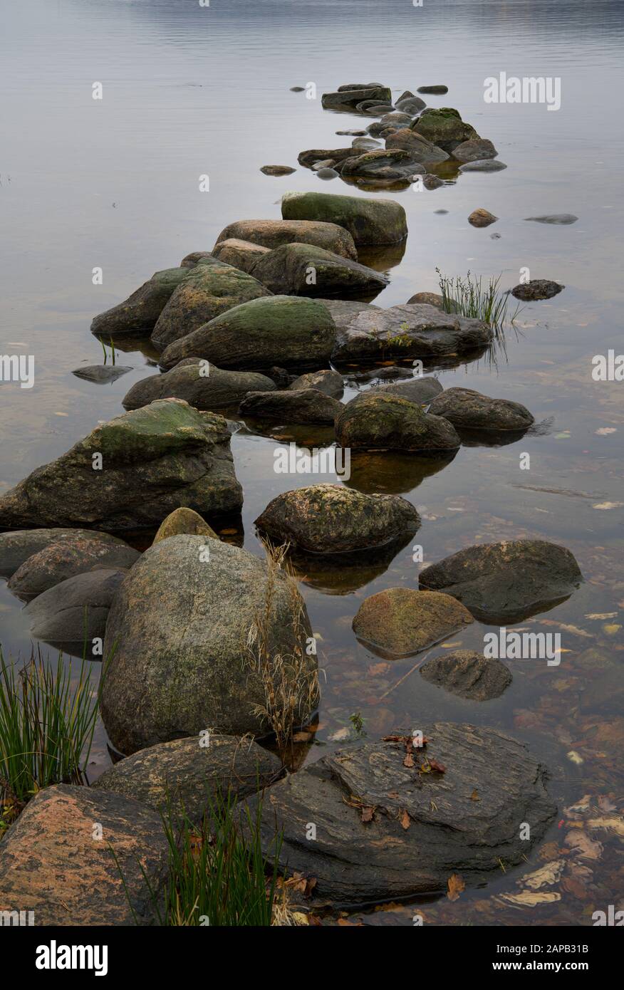 Pietre sulla spiaggia in un lago. Sulla riva del lago. Foto Stock