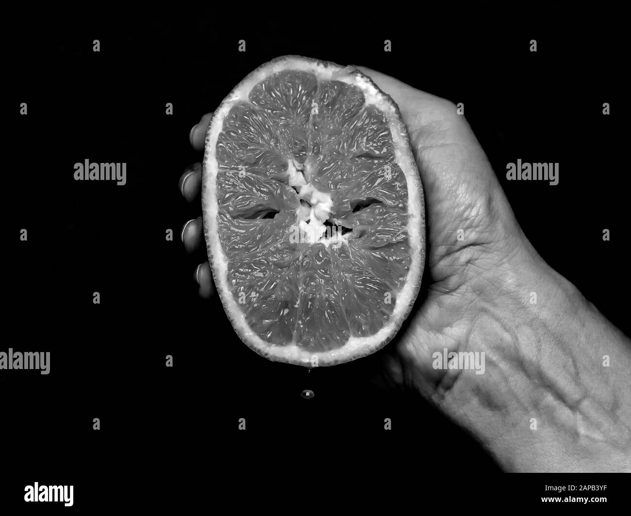 La mano della donna spreme mezzo arancia fino a quando una goccia di succo cade, in bianco e nero Foto Stock