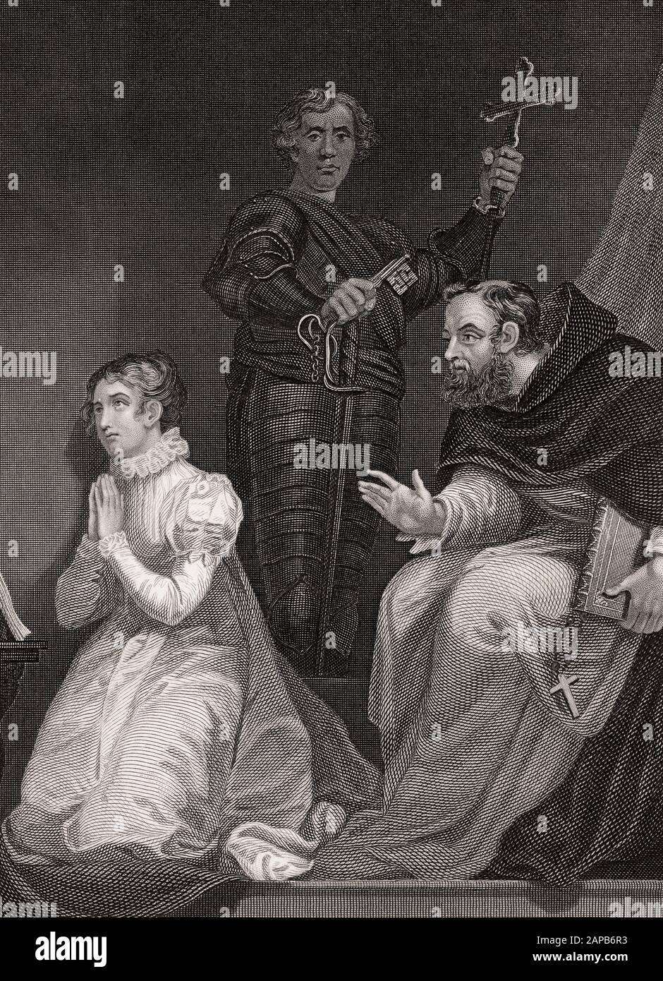 Lady Jane Gray e Abate Feckenham, cercando di convertirla al cattolicesimo, 16th Secolo Foto Stock