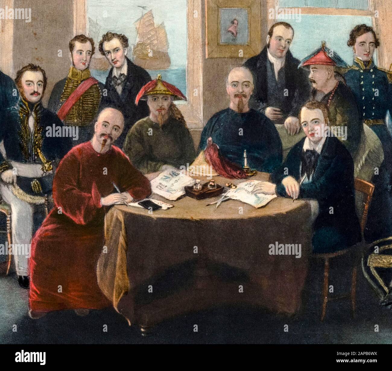 Prima Guerra dell'Oppio, firma e suggellamento del Trattato di Nanking, (Nanjing), incisione particolare di John Burnett dopo il capitano John Platt, 1846 Foto Stock
