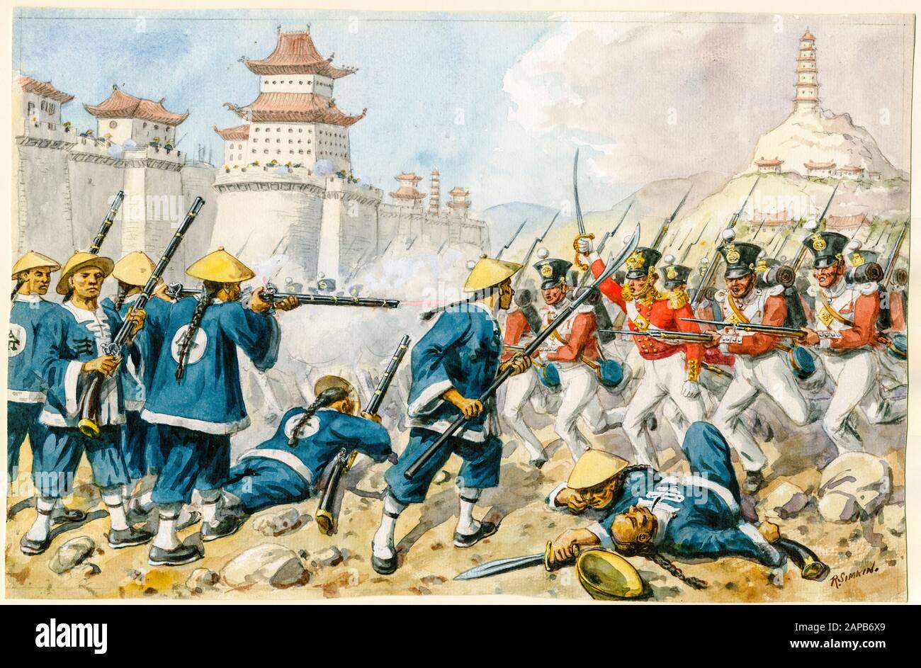 Prima guerra dell'oppio, il reggimento di Piede 98th all'Attacco di Chin-Kiang-Foo, 21st luglio 1842, dipinto di Richard Simkin, data sconosciuta Foto Stock