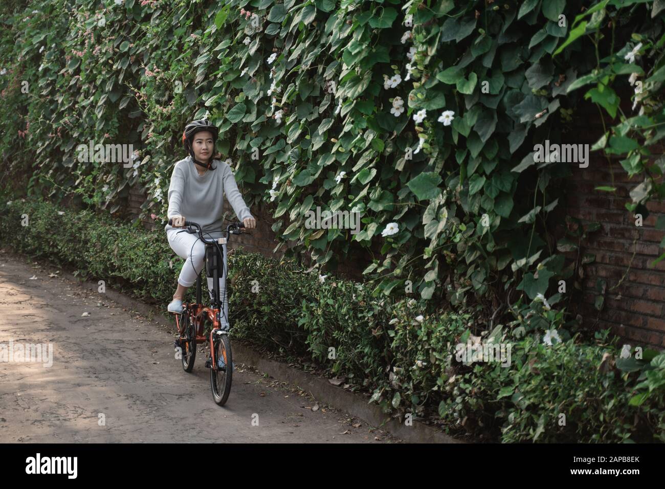 Le donne asiatiche indossano i caschi per guidare le bici pieghevoli Foto Stock