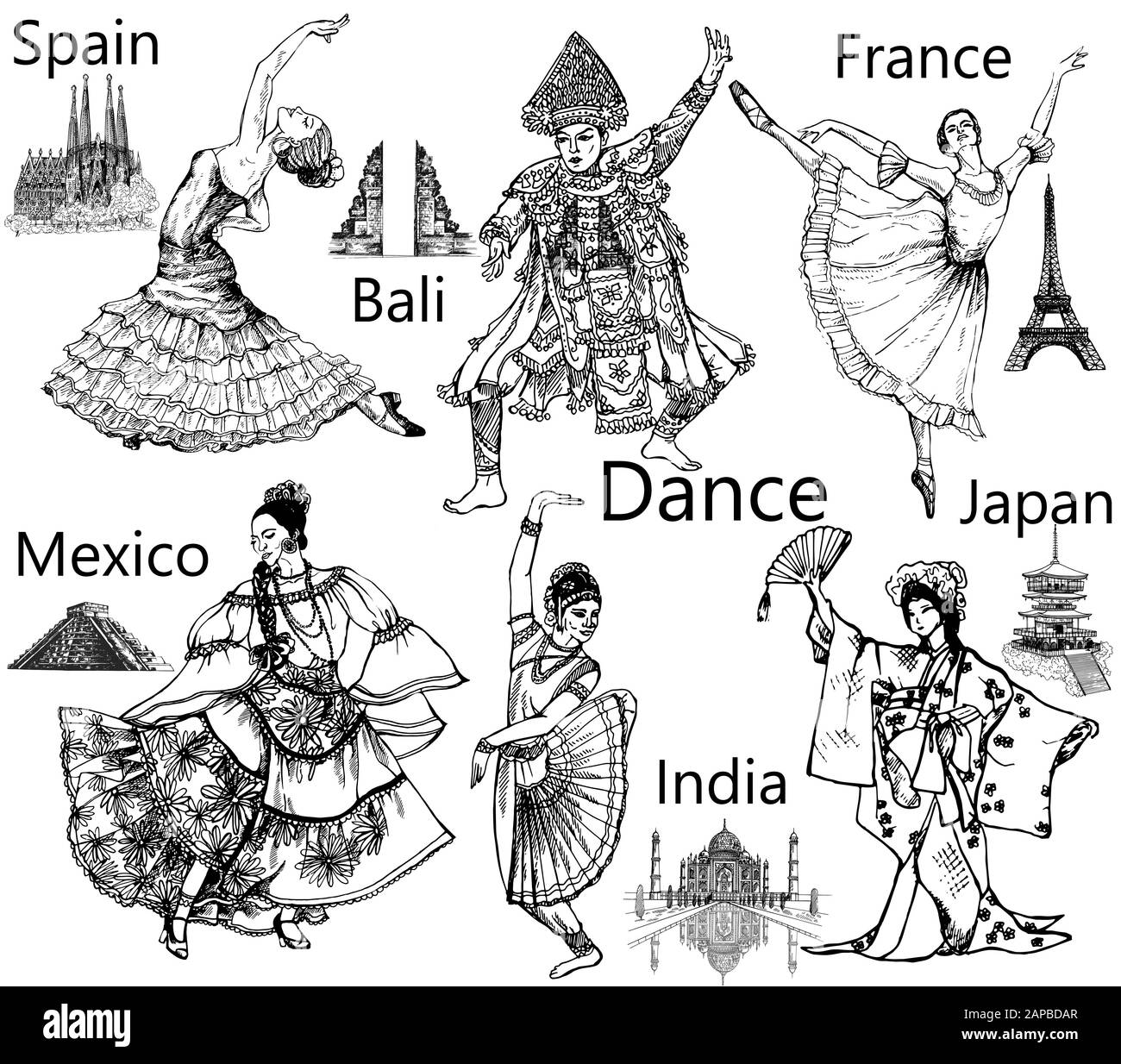 Set di ballerini disegnati a mano in stile sketch isolati su sfondo bianco. Illustrazione del vettore. Illustrazione Vettoriale